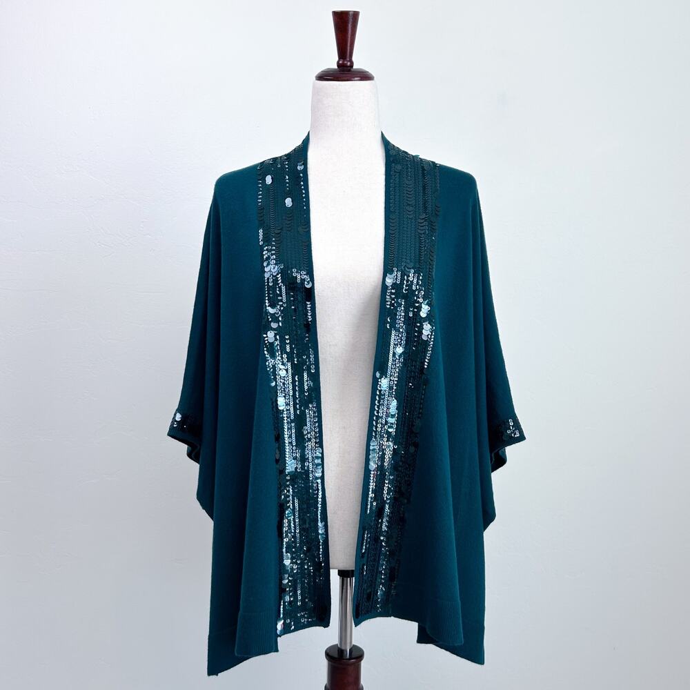 Chico's L/XL Enchanted Forest Green Soft Knit Sequin Placket Ruana Cover-Up NWT